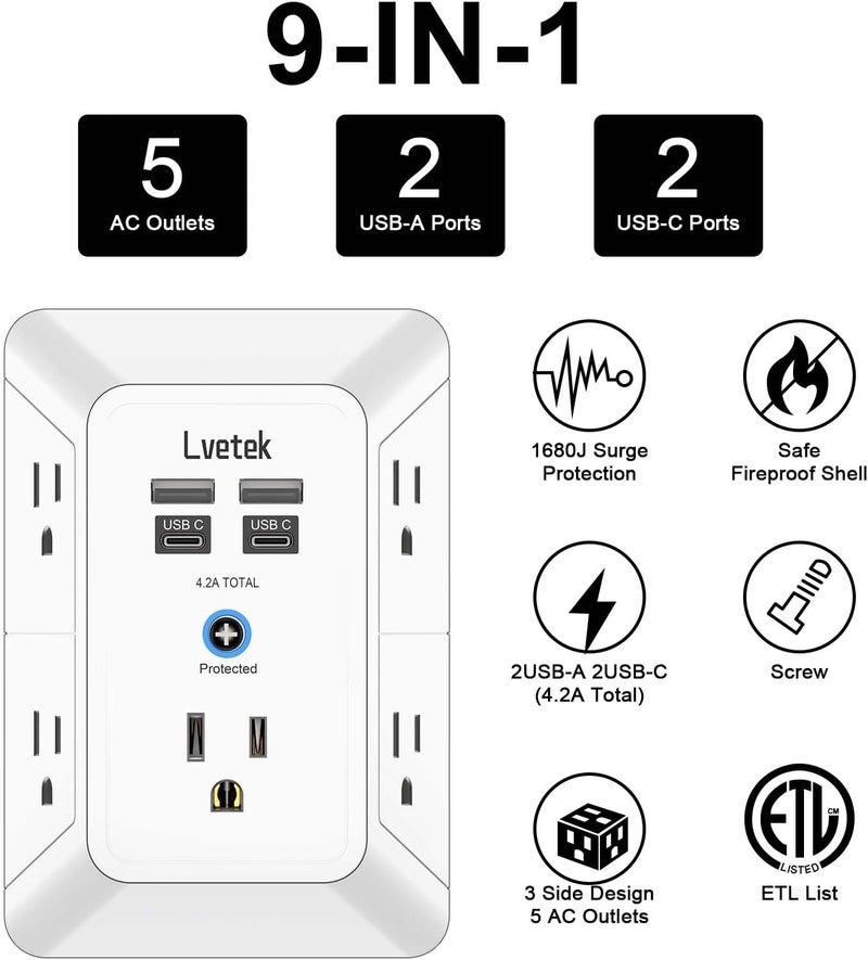Lvetek Outlet Extender, Surge Protector Outlet with 5-Multi Plug Outlet and 4 USB Ports(2 USB C), 3-Sided 1680J Power Strip Wall Charger, Multiple-Plug Outlet Splitter for Home Travel Office,ETL Listed,White - Image 2